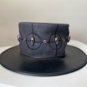 Black Leather Gothic, Steampunk Top Hat w Skulls for Halloween, Rave, or Costume